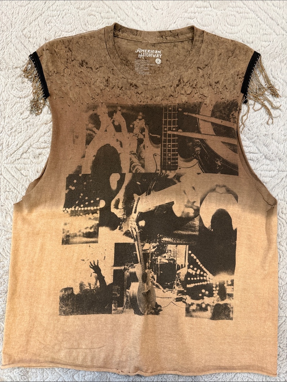 American Highway Brown Graphic Fringe Muscle Tank